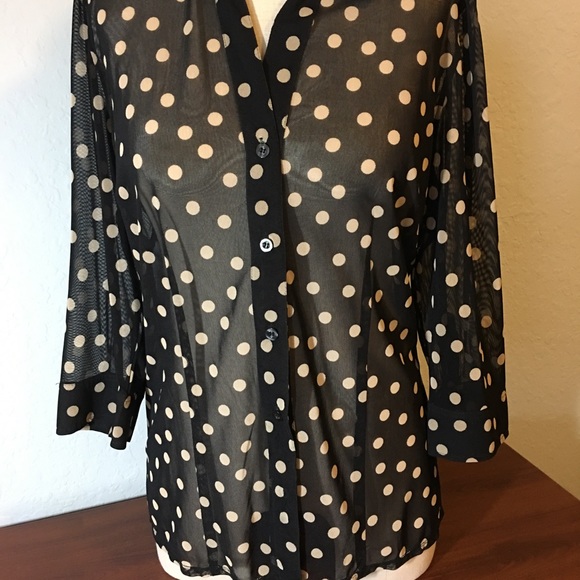 Chico’s Sheer Black Button Down Blouse cream dots - Picture 2 of 6